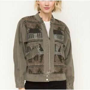 MYSTREE Womens S Gray Jacquard Aztec Twill Pleated Full Zip Bomber Jacket Casual